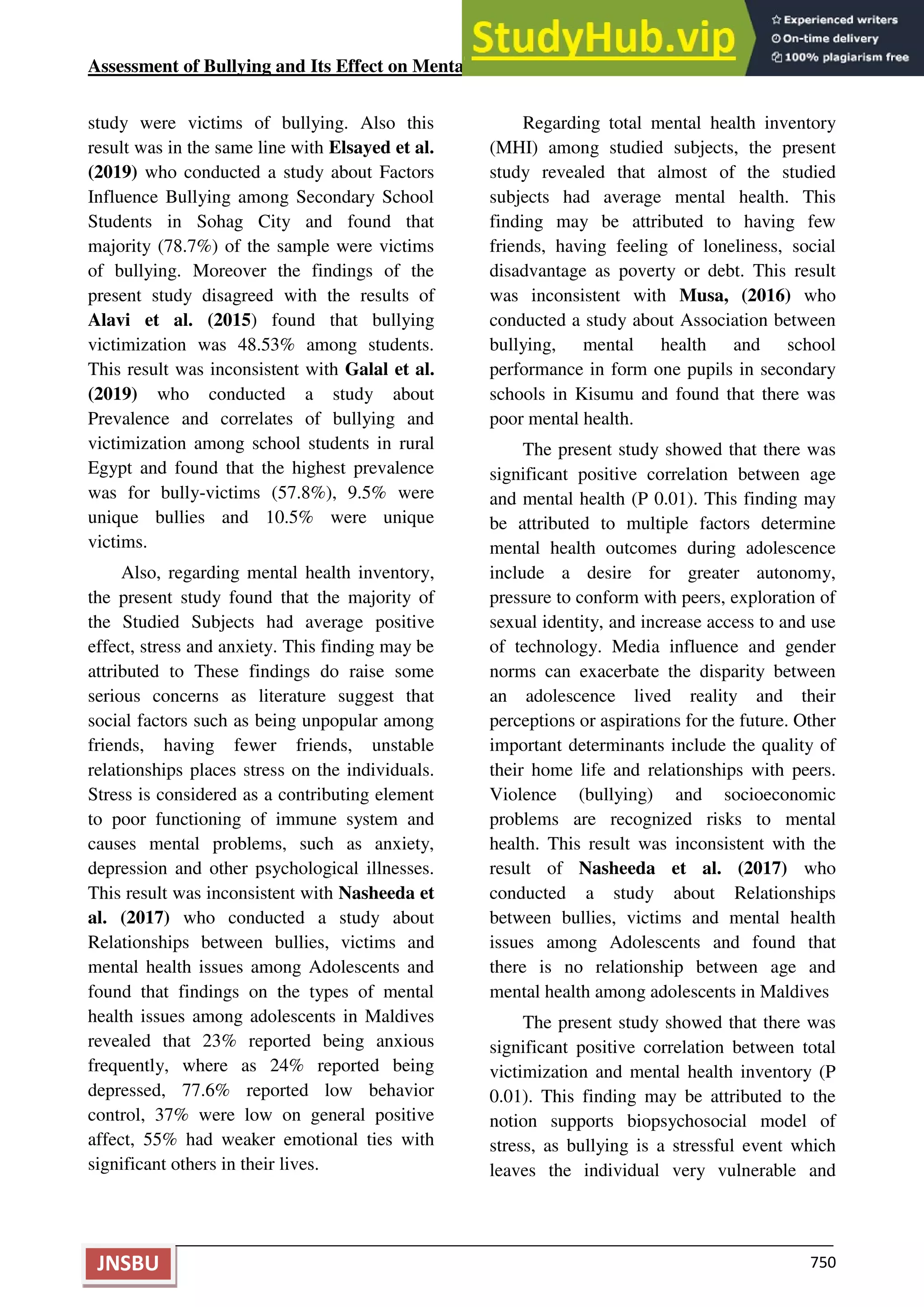 Assessment Of Bullying And Its Effect On Mental Health Among Secondary ...