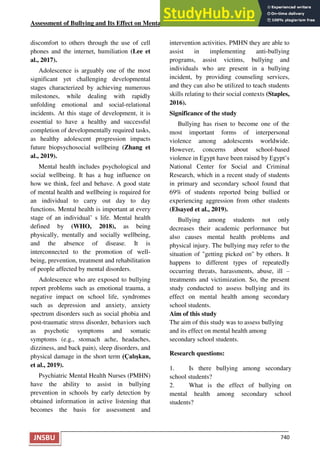 Assessment Of Bullying And Its Effect On Mental Health Among Secondary ...