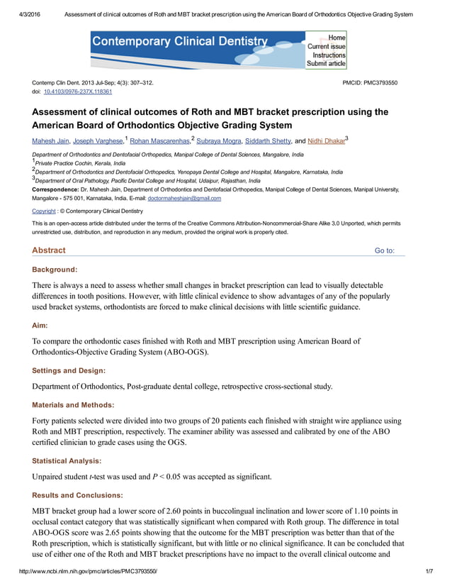 Assessment of clinical of roth and mbt bracket prescription