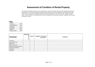 Assessment of Condition of Rental Property
This checklist will help you protect your initial deposit. Using the key below, fill in the letter that best describes the
condition of your unit when you begin your lease, and then give a copy of this checklist to your landlord to be filed
away. When you move out, request this checklist from your landlord, fill in the “End of Lease” column, and then
return it to your landlord. Your landlord may want to corroborate your assessment using the “Landlord’s end-of-lease
assessment” column.
Key
Missing M
Good condition G
Scratched S
Damaged D
Broken B
Repair needed R
Exterior
Beginning
of
le
as
e
End of Landlord’s end-of-lease
assessment
Comments
Front door
Front screen door
Back door
Back screen door
Screens and storm windows
Windows and frames
Letter box
Doorbell
Page 1 of 7
 