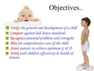 Objectives..
Verify the growth and development of a child
Compare against laid down standards
Recognize potential problems...