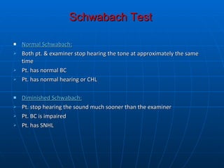 Schwabach Test   Normal Schwabach:   Both pt. & examiner stop hearing the tone at approximately the same time  Pt. has normal BC Pt. has normal hearing or CHL Diminished Schwabach: Pt. stop hearing the sound much sooner than the examiner Pt. BC is impaired Pt. has SNHL 