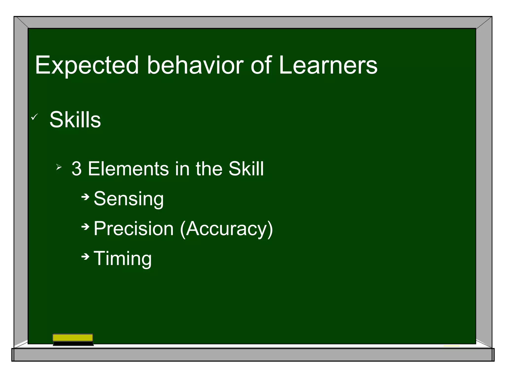
Skills

3 Elements in the Skill

Sensing

Precision (Accuracy)

Timing
Expected behavior of Learners
 