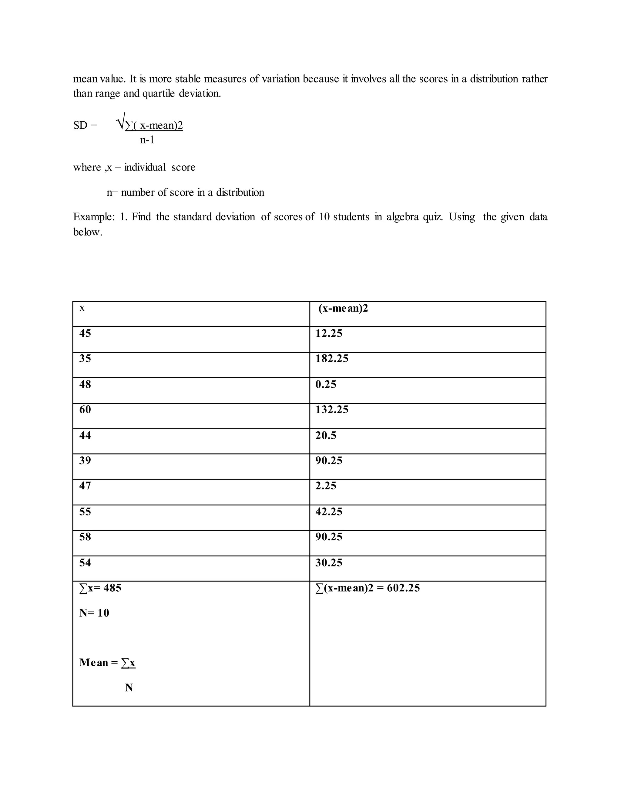 mean value. It is more stable measures of variation because it involves all the scores in a distribution rather
than range and quartile deviation.
SD = √∑( x-mean)2
n-1
where ,x = individual score
n= number of score in a distribution
Example: 1. Find the standard deviation of scores of 10 students in algebra quiz. Using the given data
below.
x (x-mean)2
45 12.25
35 182.25
48 0.25
60 132.25
44 20.5
39 90.25
47 2.25
55 42.25
58 90.25
54 30.25
∑x= 485
N= 10
Mean = ∑x
N
∑(x-mean)2 = 602.25
 