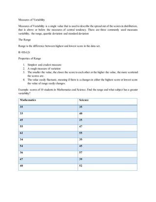 Measures of Variability
Measures of Variability is a single value that is used to describe the spread out of the scores in distribution,
that is above or below the measures of central tendency. There are three commonly used measures
variability, the range, quartile deviation and standard deviation
The Range
Range is the difference between highest and lowest score in the data set.
R=HS-LS
Properties of Range
1. Simplest and crudest measure
2. A rough measure of variation
3. The smaller the value, the closer the score to each other or the higher the value, the more scattered
the scores are.
4. The value easily fluctuate, meaning if there is a changes in either the highest score or lowest score
the value of range easily changes.
Example: scores of 10 students in Mathematics and Science. Find the range and what subject has a greater
variability?
Mathematics Science
35 35
33 40
45 25
55 47
62 55
34 35
54 45
36 57
47 39
40 52
 