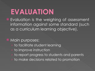 EVALUATION
 Evaluation is the weighing of assessment
information against some standard (such
as a curriculum learning objective).
 Main purposes:
› to facilitate student learning
› to improve instruction
› to report progress to students and parents
› to make decisions related to promotion
 