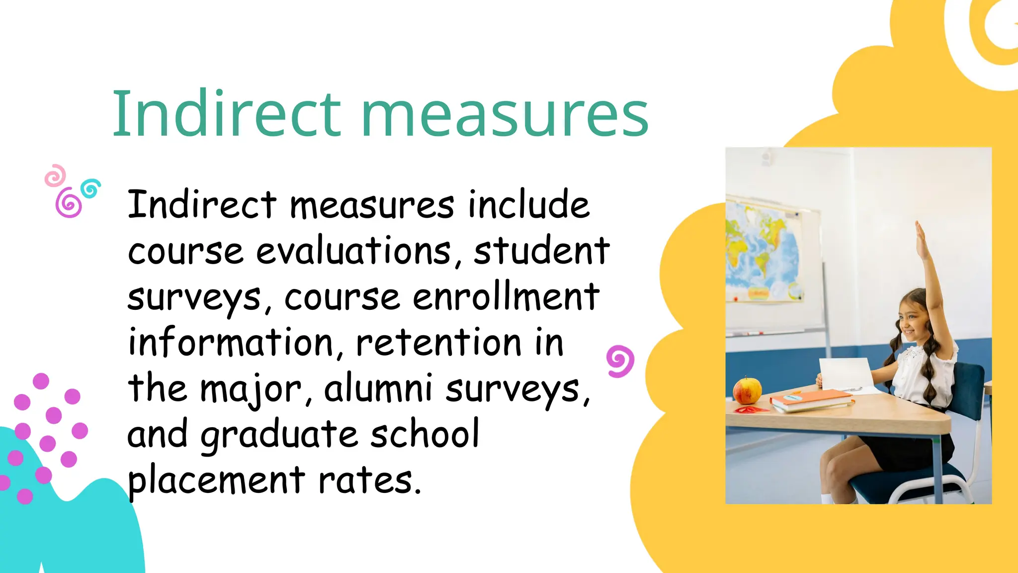 Indirect measures
Indirect measures include
course evaluations, student
surveys, course enrollment
information, retention in
the major, alumni surveys,
and graduate school
placement rates.
 