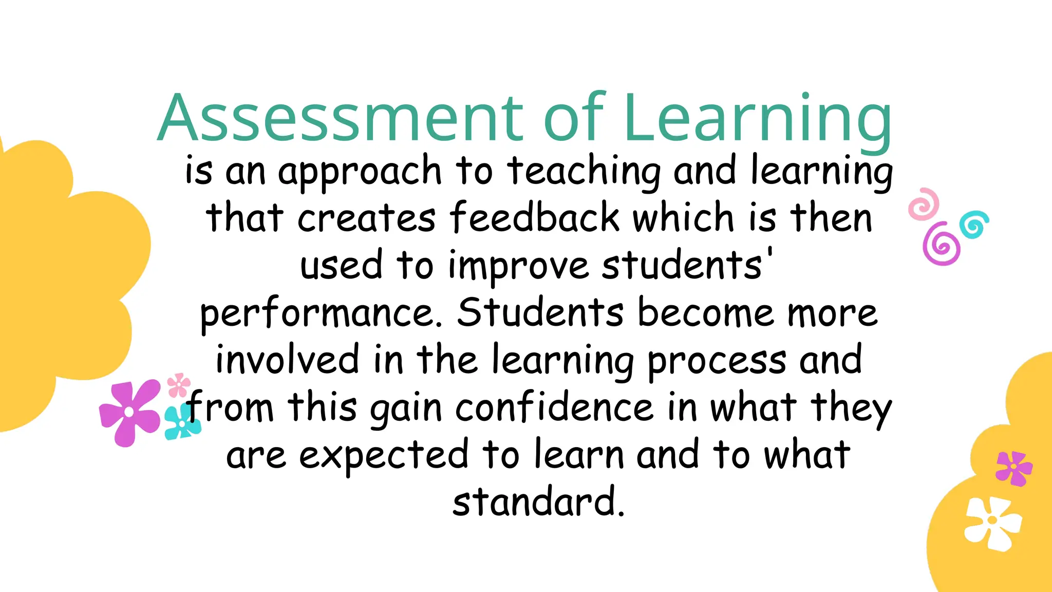 Assessment of Learning
is an approach to teaching and learning
that creates feedback which is then
used to improve students'
performance. Students become more
involved in the learning process and
from this gain confidence in what they
are expected to learn and to what
standard.
 