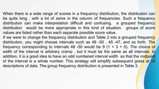 When there is a wide range of scores in a frequency distribution, the distribution can
be quite long , with a lot of zeros in the column of frequencies. Such a frequency
distribution can make interpretation difficult and confusing. a grouped frequency
distribution would be more appropriate in this kind of situation. groups of score
values are listed rather than each separate possible score value.
If we were to change the frequency distribution and Table 2 into a grouped frequency
distribution, you might choose intervals such as 48 -50 , 45 -47, and so forth. The
frequency corresponding to intervals 48 -50 would be 9 (1 + 3 + 5). The choice of
width of the interval is arbitrary cramp , but it must be the same as all intervals. In
addition, it is a good idea to have an odd numbered interval width so that the midpoint
of the interval is a whole number. This strategy will simplify subsequent grass at 10
descriptions of data. The group frequency distribution is presented in Table 3.
 