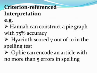 Criterion-referenced
Interpretation
e.g.
 Hannah can construct a pie graph
with 75% accuracy
 Hyacinth scored 7 out of 10 in the
spelling test
 Ophie can encode an article with
no more than 5 errors in spelling
 