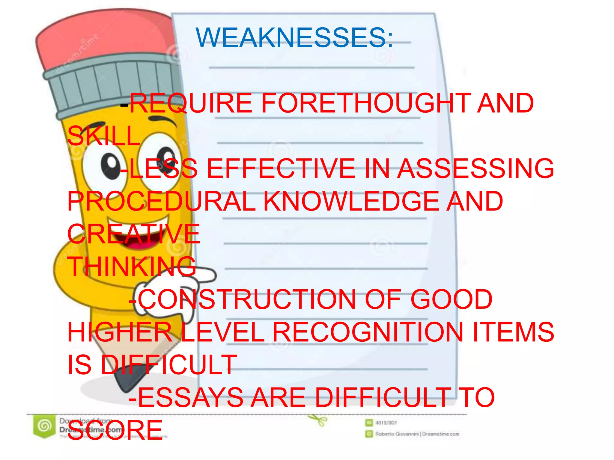 WEAKNESSES:
-REQUIRE FORETHOUGHT AND
SKILL
-LESS EFFECTIVE IN ASSESSING
PROCEDURAL KNOWLEDGE AND
CREATIVE
THINKING
-CONSTRUCTION OF GOOD
HIGHER LEVEL RECOGNITION ITEMS
IS DIFFICULT
-ESSAYS ARE DIFFICULT TO
SCORE
 