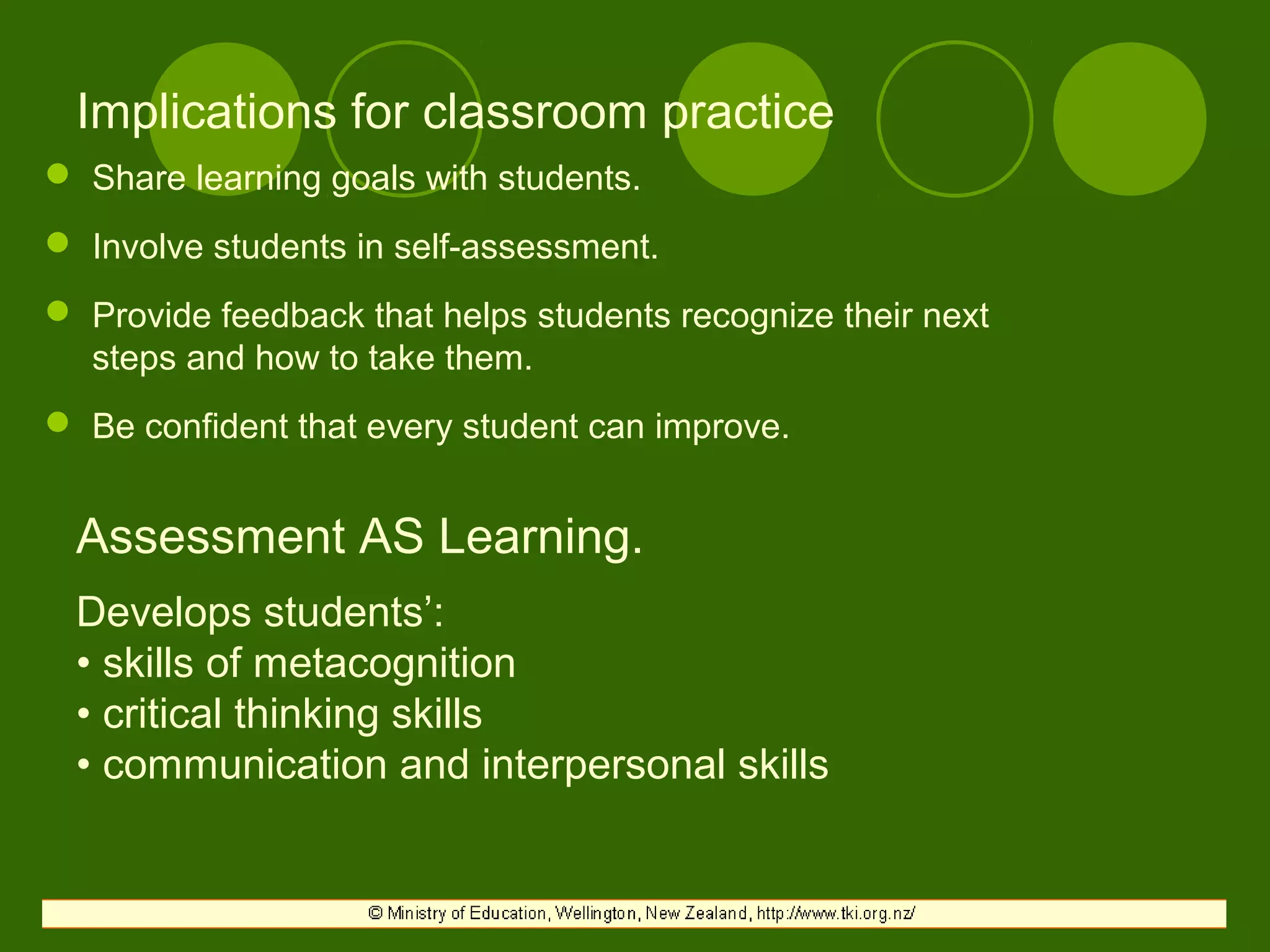 Implications for classroom practice
 Share learning goals with students.
 Involve students in self-assessment.
 Provide feedback that helps students recognize their next
steps and how to take them.
 Be confident that every student can improve.
Assessment AS Learning.
Develops students’:
• skills of metacognition
• critical thinking skills
• communication and interpersonal skills
 