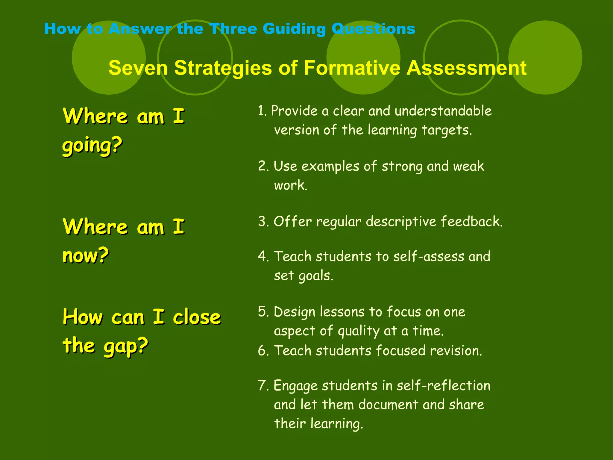 How to Answer the Three Guiding Questions
Seven Strategies of Formative Assessment
Where am IWhere am I
going?going?
1. Provide a clear and understandable
version of the learning targets.
2. Use examples of strong and weak
work.
Where am IWhere am I
now?now?
3. Offer regular descriptive feedback.
4. Teach students to self-assess and
set goals.
How can I closeHow can I close
the gap?the gap?
5. Design lessons to focus on one
aspect of quality at a time.
6. Teach students focused revision.
7. Engage students in self-reflection
and let them document and share
their learning.
 
