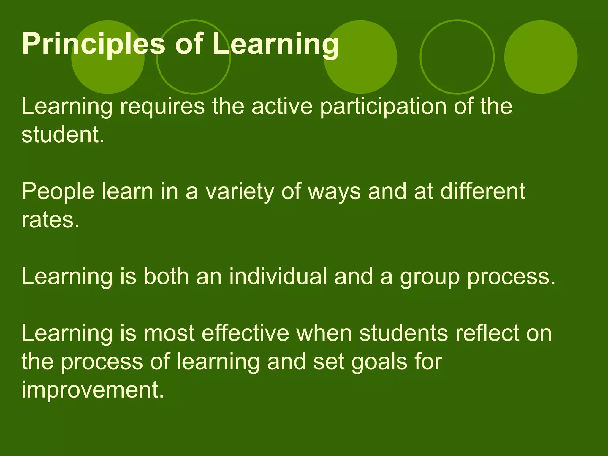Principles of Learning
Learning requires the active participation of the
student.
People learn in a variety of ways and at different
rates.
Learning is both an individual and a group process.
Learning is most effective when students reflect on
the process of learning and set goals for
improvement.
 