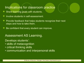 Implications for classroom practice
 Share learning goals with students.
 Involve students in self-assessment.
 Provide feedback that helps students recognize their next
steps and how to take them.
 Be confident that every student can improve.
Assessment AS Learning.
Develops students’:
• skills of metacognition
• critical thinking skills
• communication and interpersonal skills
 