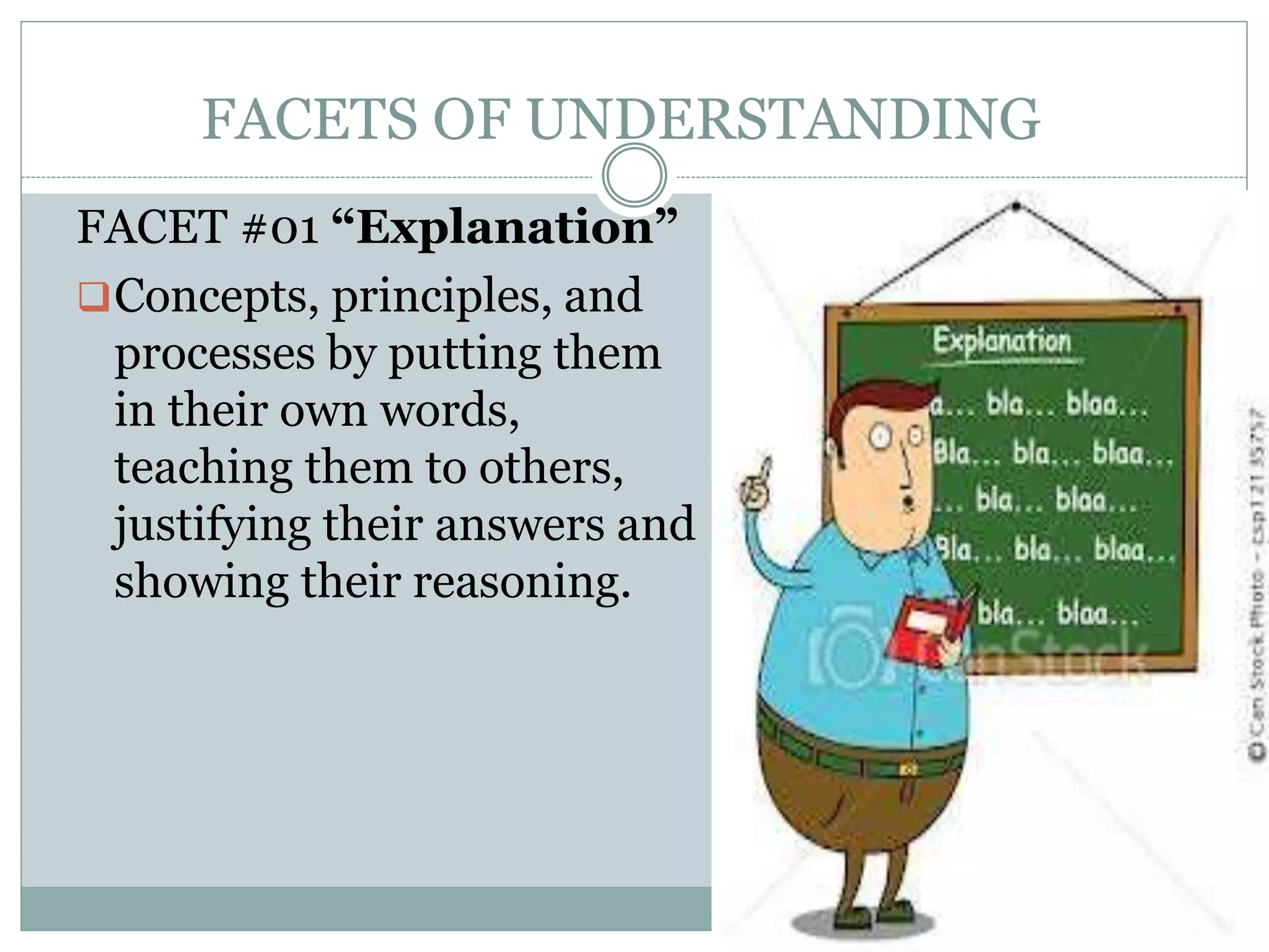 FACETS OF UNDERSTANDING
FACET #01 “Explanation”
Concepts, principles, and
processes by putting them
in their own words,
teaching them to others,
justifying their answers and
showing their reasoning.
 