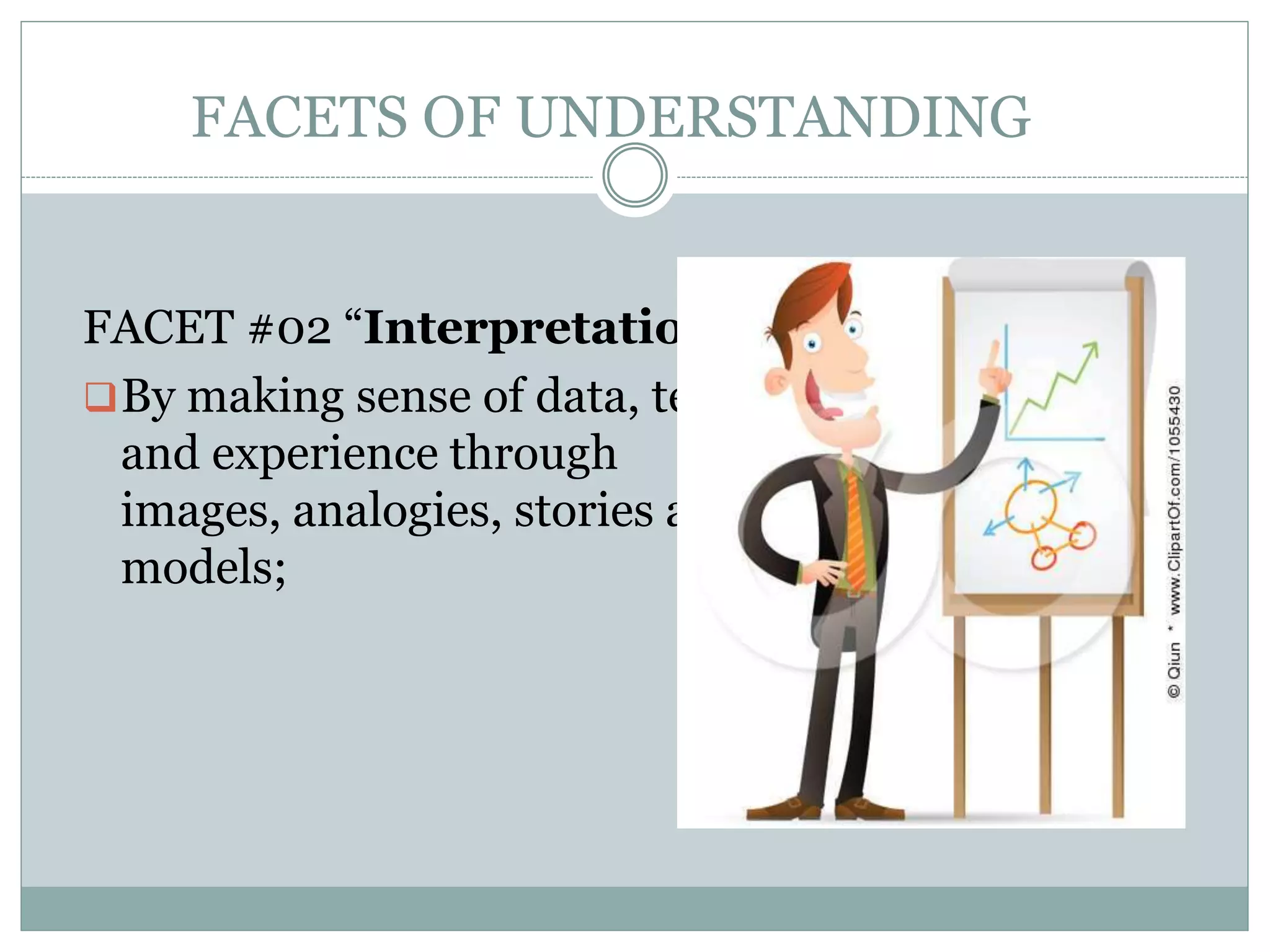 FACETS OF UNDERSTANDING
FACET #02 “Interpretation”
By making sense of data, text,
and experience through
images, analogies, stories and
models;
 