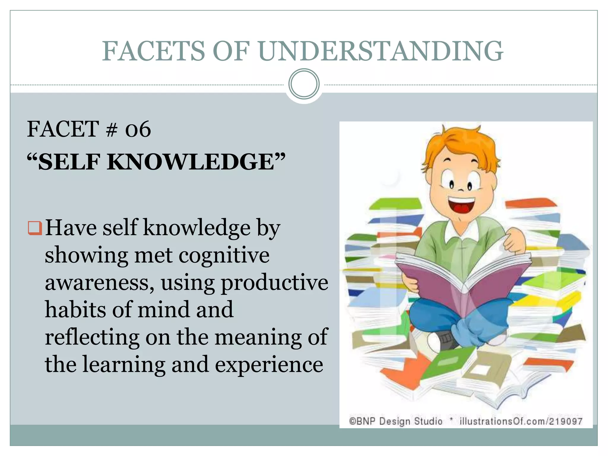 FACETS OF UNDERSTANDING
FACET # 06
“SELF KNOWLEDGE”
Have self knowledge by
showing met cognitive
awareness, using productive
habits of mind and
reflecting on the meaning of
the learning and experience
 