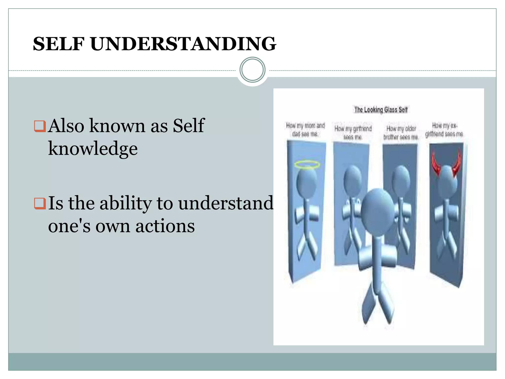 SELF UNDERSTANDING
Also known as Self
knowledge
Is the ability to understand
one's own actions
 