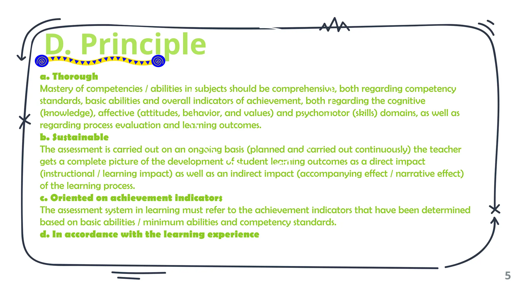 a. Thorough
Mastery of competencies / abilities in subjects should be comprehensive, both regarding competency
standards, basic abilities and overall indicators of achievement, both regarding the cognitive
(knowledge), affective (attitudes, behavior, and values) and psychomotor (skills) domains, as well as
regarding process evaluation and learning outcomes.
b. Sustainable
The assessment is carried out on an ongoing basis (planned and carried out continuously) the teacher
gets a complete picture of the development of student learning outcomes as a direct impact
(instructional / learning impact) as well as an indirect impact (accompanying effect / narrative effect)
of the learning process.
c. Oriented on achievement indicators
The assessment system in learning must refer to the achievement indicators that have been determined
based on basic abilities / minimum abilities and competency standards.
d. In accordance with the learning experience
5
D. Principle
 