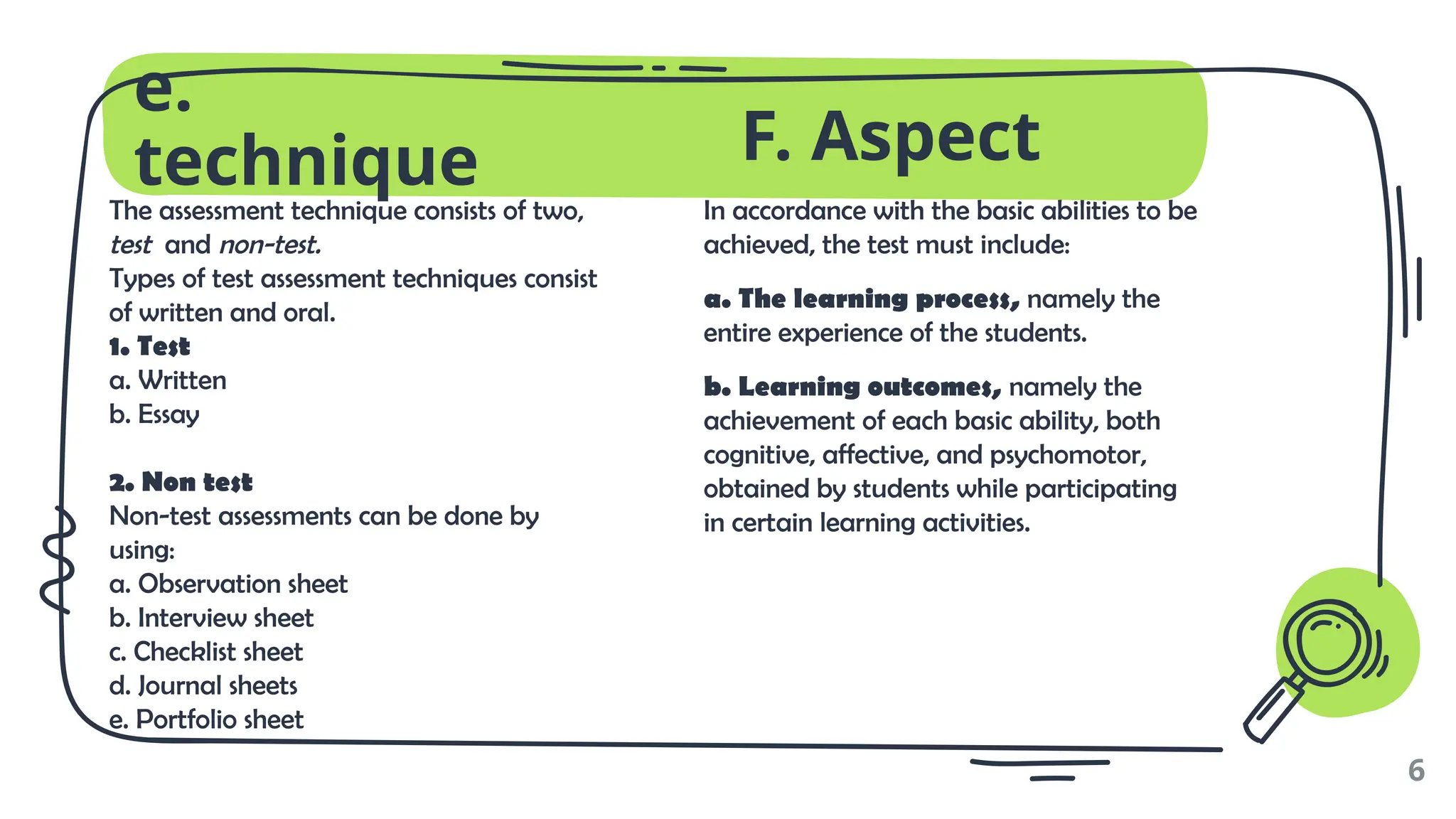 e.
technique
The assessment technique consists of two,
test and non-test.
Types of test assessment techniques consist
of written and oral.
1. Test
a. Written
b. Essay
2. Non test
Non-test assessments can be done by
using:
a. Observation sheet
b. Interview sheet
c. Checklist sheet
d. Journal sheets
e. Portfolio sheet
6
F. Aspect
In accordance with the basic abilities to be
achieved, the test must include:
a. The learning process, namely the
entire experience of the students.
b. Learning outcomes, namely the
achievement of each basic ability, both
cognitive, affective, and psychomotor,
obtained by students while participating
in certain learning activities.
 