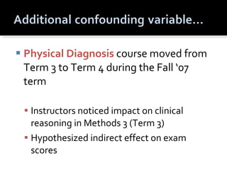 Physical Diagnosis  course moved from Term 3 to Term 4 during the Fall ‘07 term Instructors noticed impact on clinical reasoning in Methods 3 (Term 3)  Hypothesized indirect effect on exam scores 