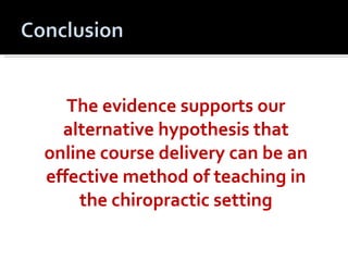 The evidence supports our alternative hypothesis that online course delivery can be an effective method of teaching in the chiropractic setting 