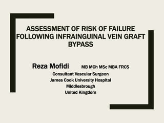 ASSESSMENT OF RISK OF FAILURE
FOLLOWING INFRAINGUINAL VEIN GRAFT
BYPASS
Reza Mofidi MB MCh MSc MBA FRCS
Consultant Vascular Surgeon
James Cook University Hospital
Middlesbrough
United Kingdom
 