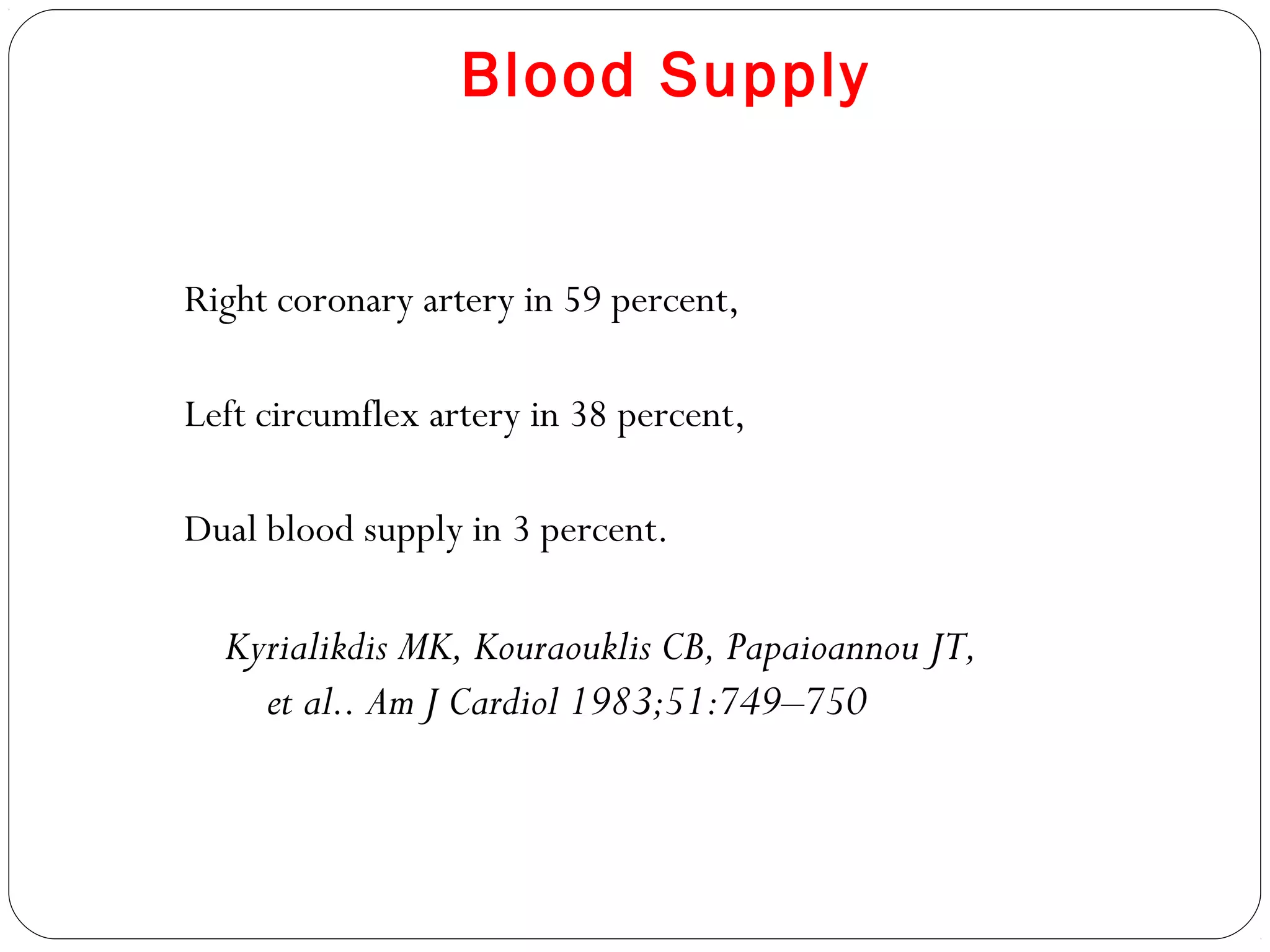 Blood Supply
Right coronary artery in 59 percent,
Left circumflex artery in 38 percent,
Dual blood supply in 3 percent.
Kyrialikdis MK, Kouraouklis CB, Papaioannou JT,
et al.. Am J Cardiol 1983;51:749–750
 