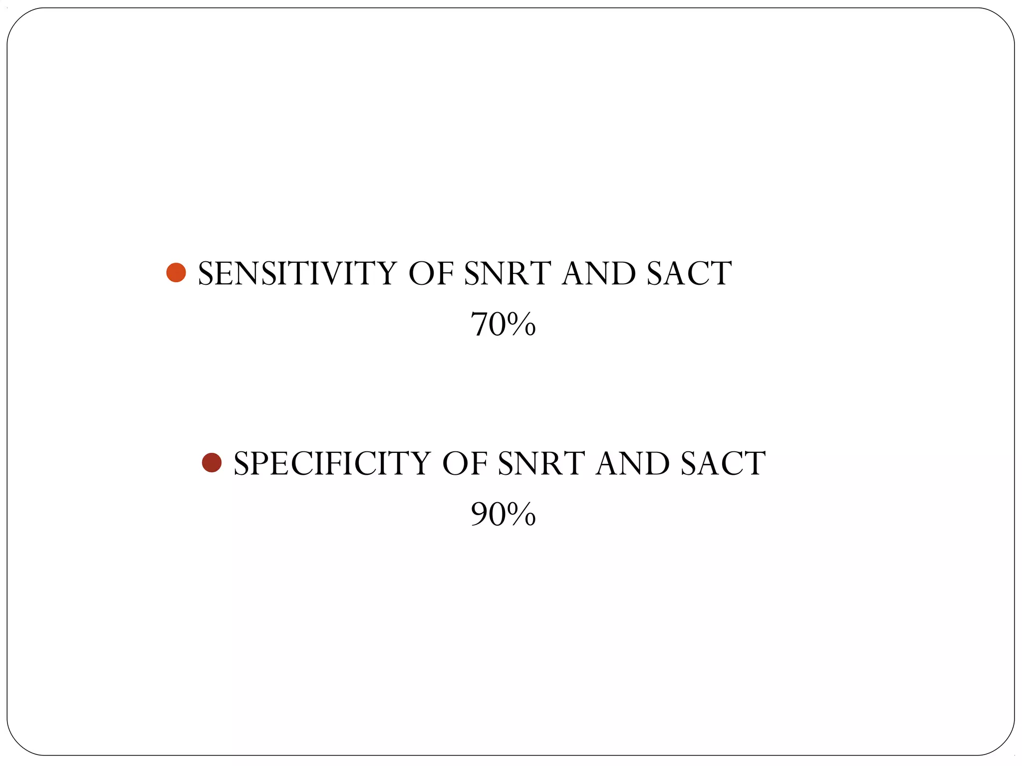 SENSITIVITY OF SNRT AND SACT
70%
SPECIFICITY OF SNRT AND SACT
90%
 