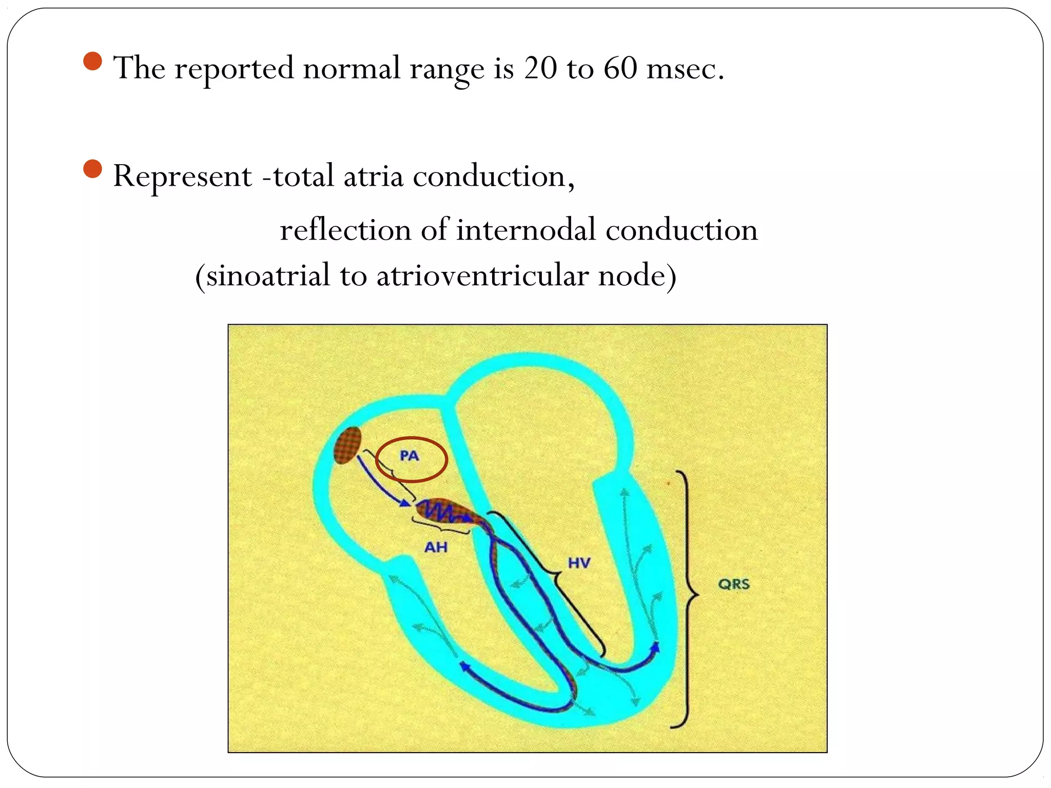 The reported normal range is 20 to 60 msec.
Represent -total atria conduction,
reflection of internodal conduction
(sinoatrial to atrioventricular node)
 
