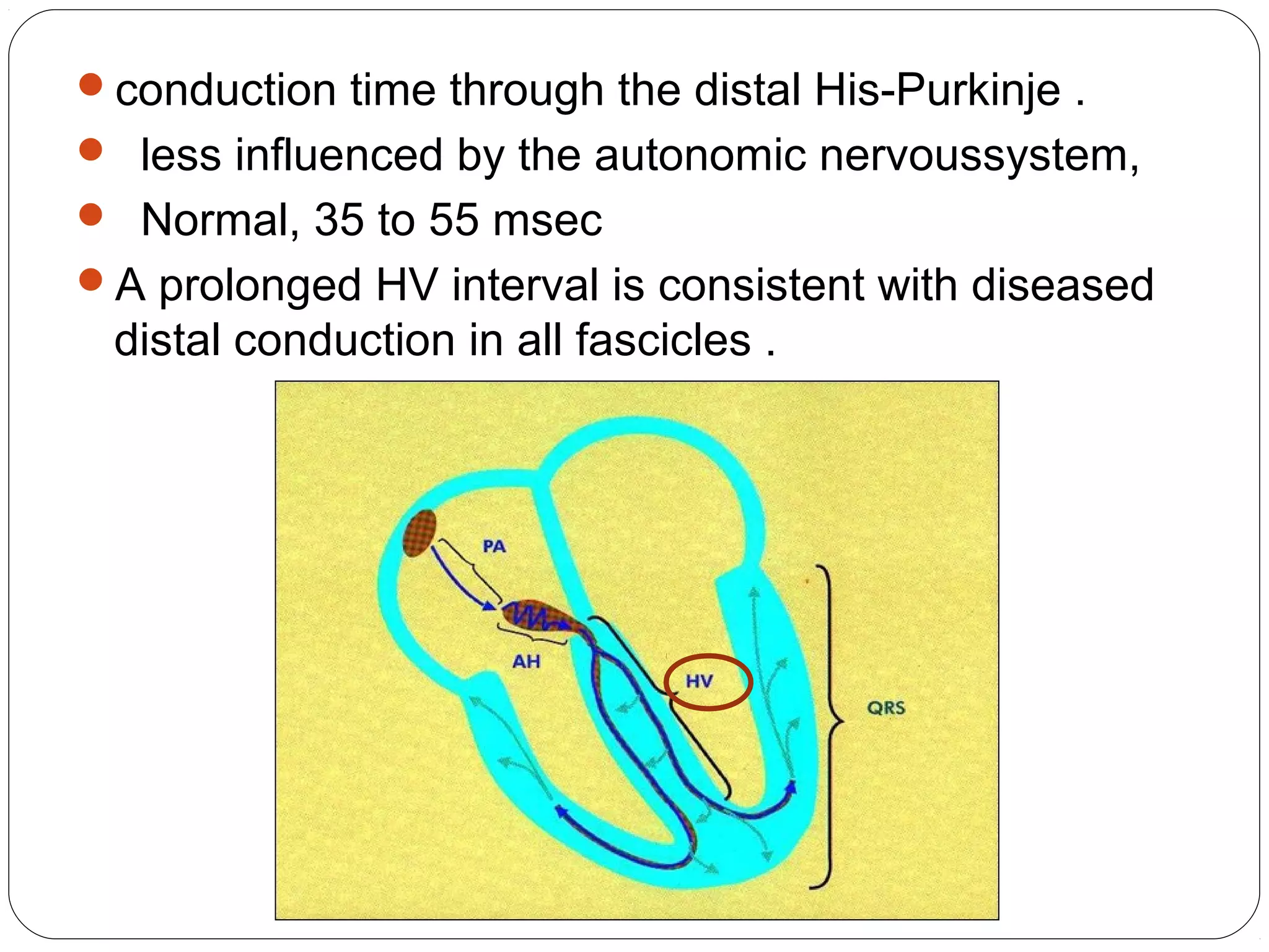 conduction time through the distal His-Purkinje .
 less influenced by the autonomic nervoussystem,
 Normal, 35 to 55 msec
A prolonged HV interval is consistent with diseased
distal conduction in all fascicles .
 