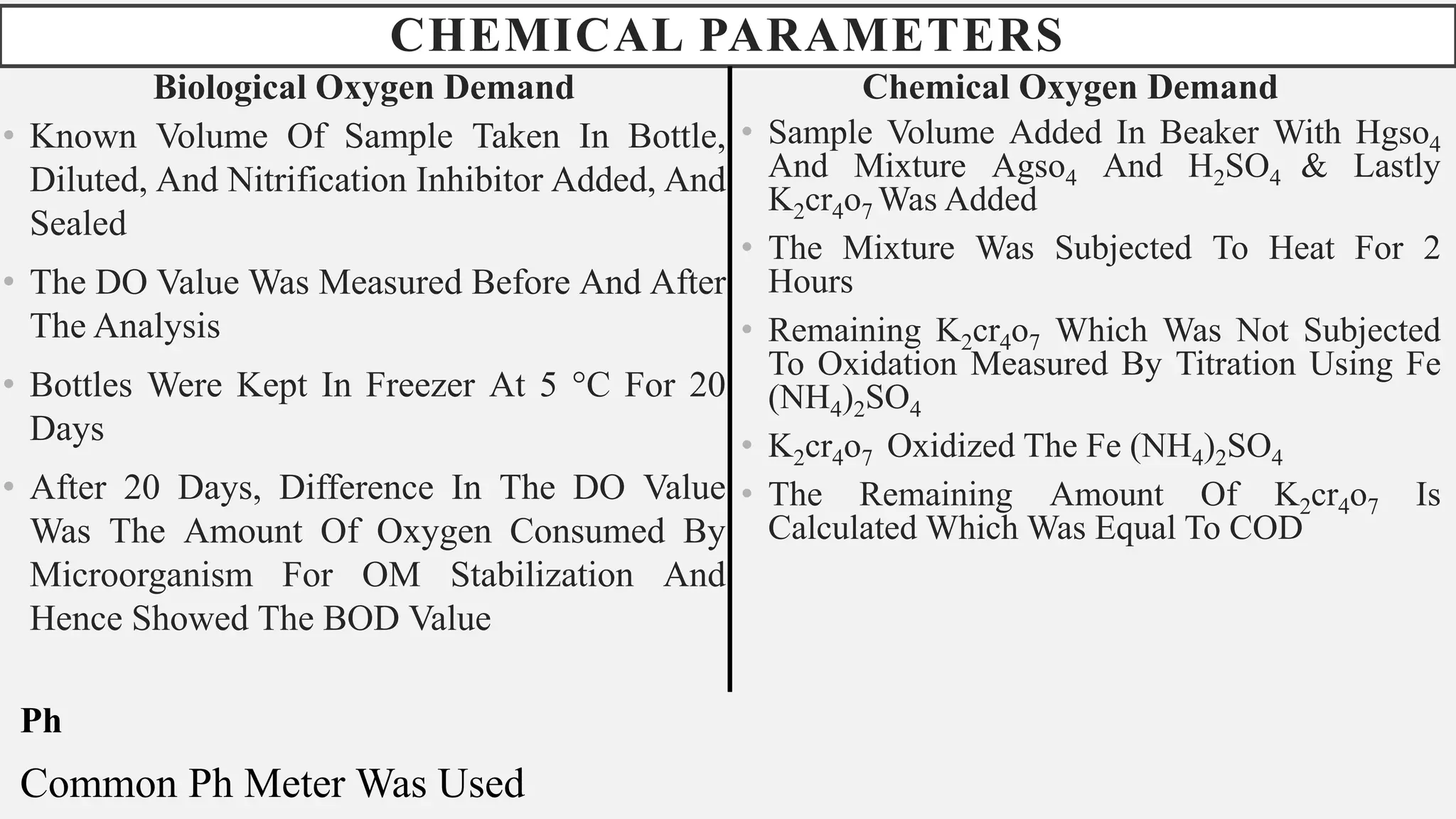 CHEMICAL PARAMETERS
Biological Oxygen Demand
• Known Volume Of Sample Taken In Bottle,
Diluted, And Nitrification Inhibitor Added, And
Sealed
• The DO Value Was Measured Before And After
The Analysis
• Bottles Were Kept In Freezer At 5 °C For 20
Days
• After 20 Days, Difference In The DO Value
Was The Amount Of Oxygen Consumed By
Microorganism For OM Stabilization And
Hence Showed The BOD Value
Chemical Oxygen Demand
• Sample Volume Added In Beaker With Hgso4
And Mixture Agso4 And H2SO4 & Lastly
K2cr4o7 Was Added
• The Mixture Was Subjected To Heat For 2
Hours
• Remaining K2cr4o7 Which Was Not Subjected
To Oxidation Measured By Titration Using Fe
(NH4)2SO4
• K2cr4o7 Oxidized The Fe (NH4)2SO4
• The Remaining Amount Of K2cr4o7 Is
Calculated Which Was Equal To COD
Ph
Common Ph Meter Was Used
 