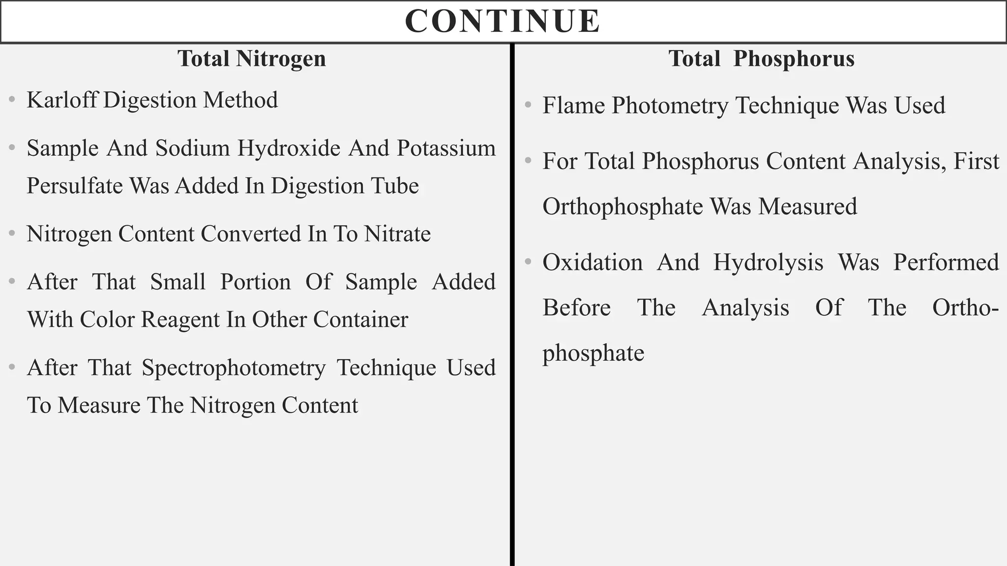 CONTINUE
Total Nitrogen
• Karloff Digestion Method
• Sample And Sodium Hydroxide And Potassium
Persulfate Was Added In Digestion Tube
• Nitrogen Content Converted In To Nitrate
• After That Small Portion Of Sample Added
With Color Reagent In Other Container
• After That Spectrophotometry Technique Used
To Measure The Nitrogen Content
Total Phosphorus
• Flame Photometry Technique Was Used
• For Total Phosphorus Content Analysis, First
Orthophosphate Was Measured
• Oxidation And Hydrolysis Was Performed
Before The Analysis Of The Ortho-
phosphate
 