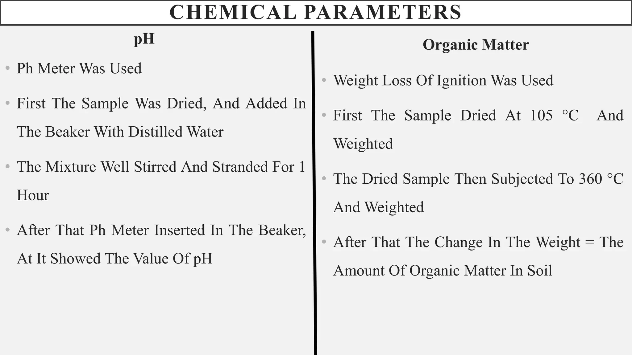CHEMICAL PARAMETERS
pH
• Ph Meter Was Used
• First The Sample Was Dried, And Added In
The Beaker With Distilled Water
• The Mixture Well Stirred And Stranded For 1
Hour
• After That Ph Meter Inserted In The Beaker,
At It Showed The Value Of pH
Organic Matter
• Weight Loss Of Ignition Was Used
• First The Sample Dried At 105 °C And
Weighted
• The Dried Sample Then Subjected To 360 °C
And Weighted
• After That The Change In The Weight = The
Amount Of Organic Matter In Soil
 