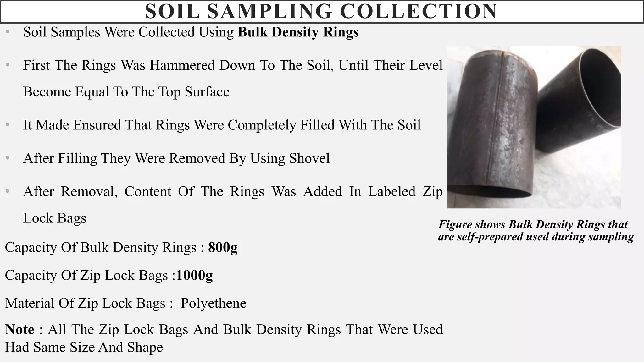 SOIL SAMPLING COLLECTION
• Soil Samples Were Collected Using Bulk Density Rings
• First The Rings Was Hammered Down To The Soil, Until Their Level
Become Equal To The Top Surface
• It Made Ensured That Rings Were Completely Filled With The Soil
• After Filling They Were Removed By Using Shovel
• After Removal, Content Of The Rings Was Added In Labeled Zip
Lock Bags
Capacity Of Bulk Density Rings : 800g
Capacity Of Zip Lock Bags :1000g
Material Of Zip Lock Bags : Polyethene
Note : All The Zip Lock Bags And Bulk Density Rings That Were Used
Had Same Size And Shape
Figure shows Bulk Density Rings that
are self-prepared used during sampling
 