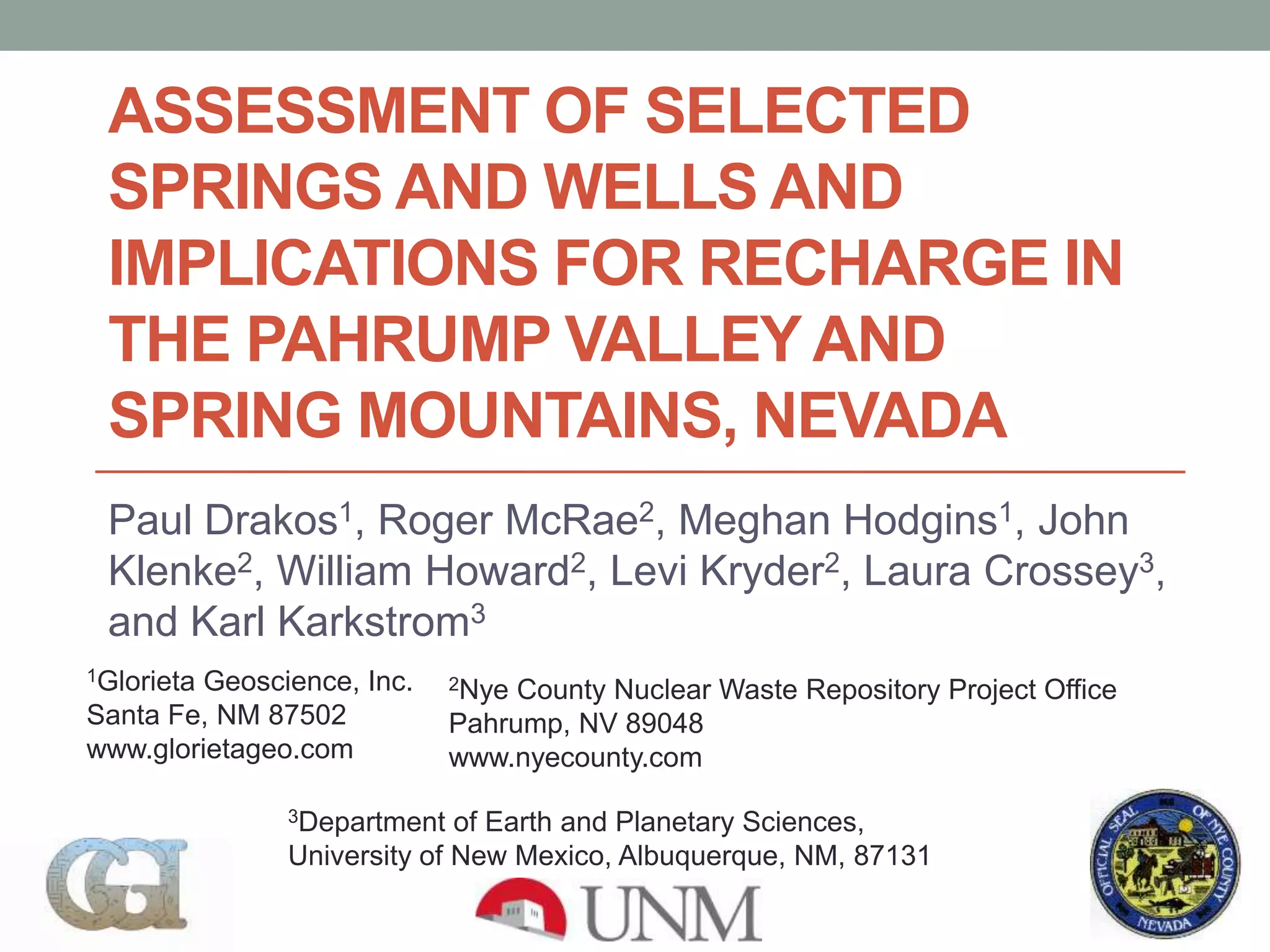 Assessment of Selected Springs and Wells in the Pahrump Valley and