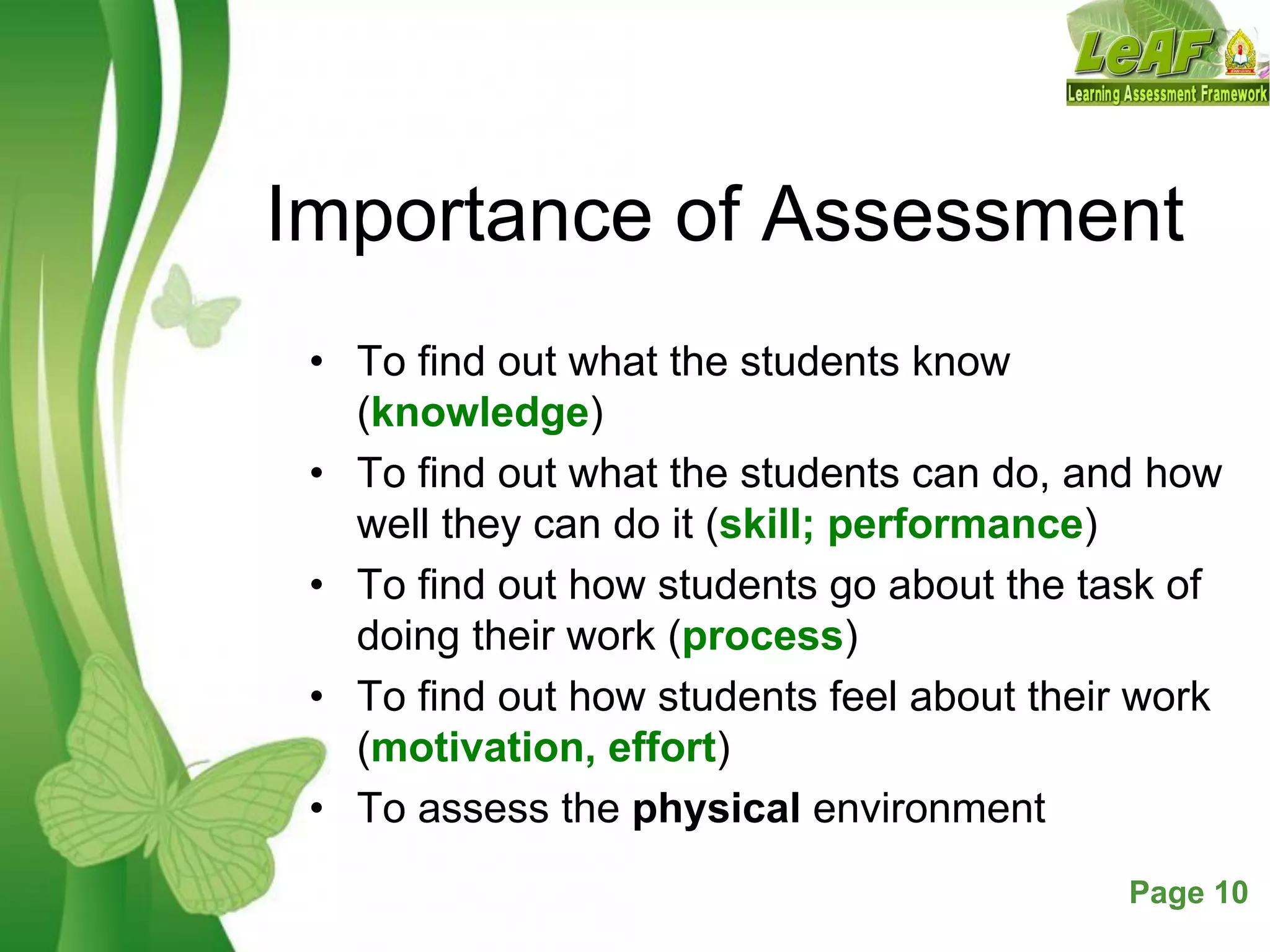 Free Powerpoint Templates Page 10
Importance of Assessment
• To find out what the students know
(knowledge)
• To find out what the students can do, and how
well they can do it (skill; performance)
• To find out how students go about the task of
doing their work (process)
• To find out how students feel about their work
(motivation, effort)
• To assess the physical environment
 