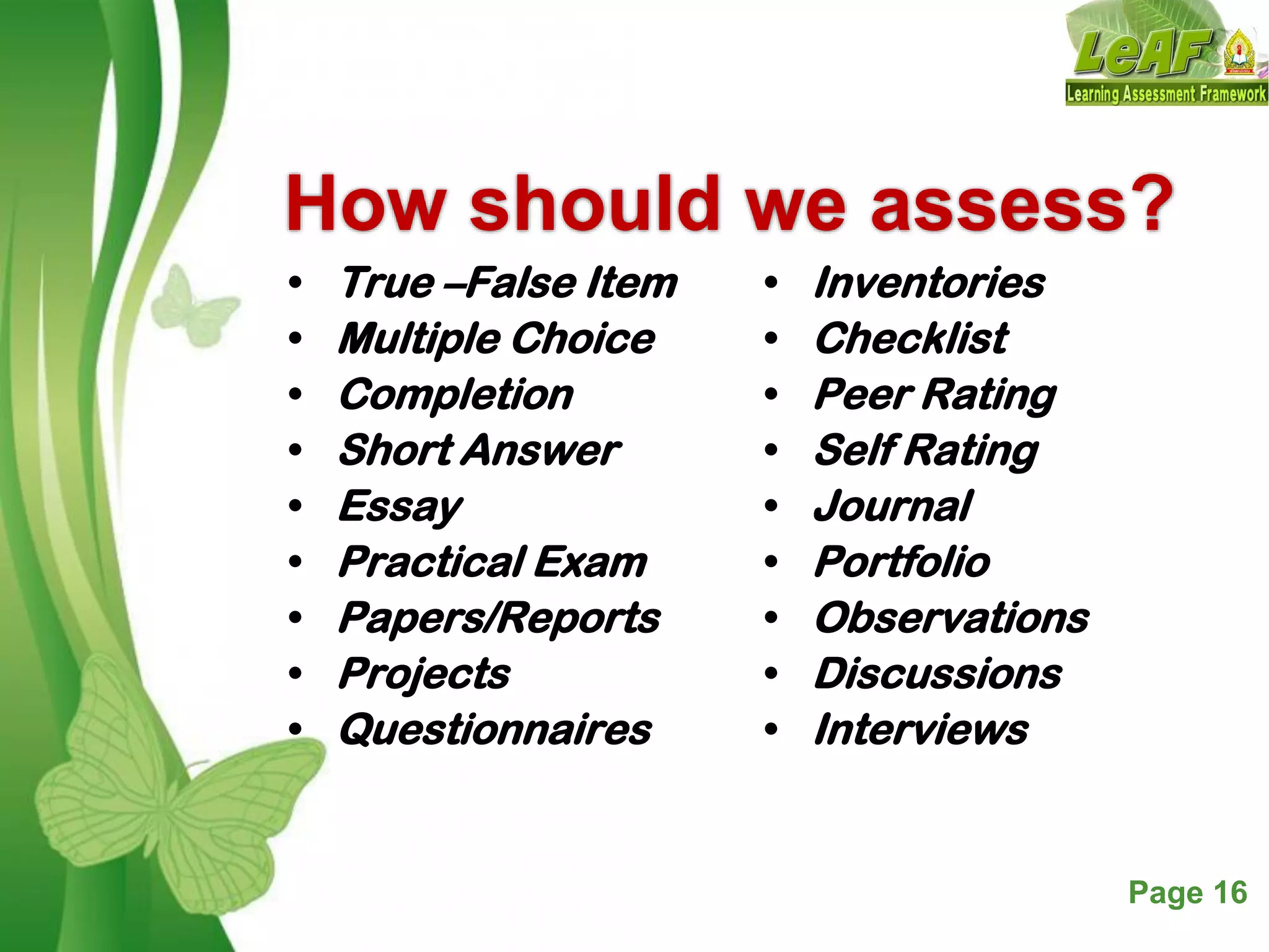 Free Powerpoint Templates Page 16
How should we assess?
• True –False Item
• Multiple Choice
• Completion
• Short Answer
• Essay
• Practical Exam
• Papers/Reports
• Projects
• Questionnaires
• Inventories
• Checklist
• Peer Rating
• Self Rating
• Journal
• Portfolio
• Observations
• Discussions
• Interviews
 