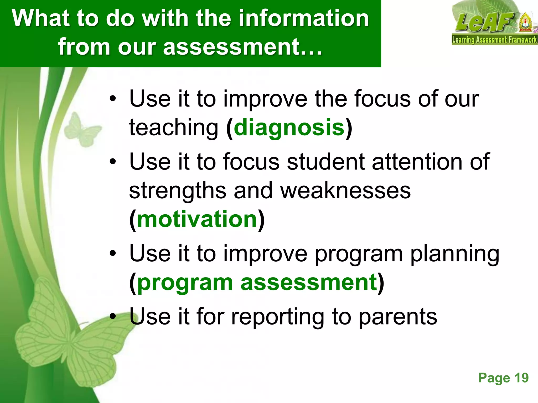 Free Powerpoint Templates Page 19
What to do with the information
from our assessment…
• Use it to improve the focus of our
teaching (diagnosis)
• Use it to focus student attention of
strengths and weaknesses
(motivation)
• Use it to improve program planning
(program assessment)
• Use it for reporting to parents
 