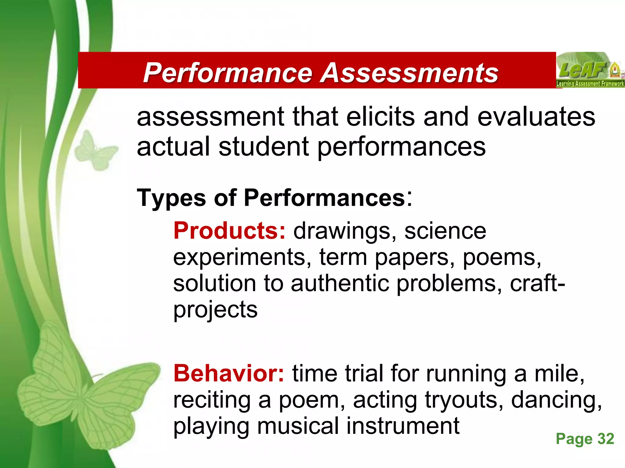 Free Powerpoint Templates Page 32
Performance Assessments
assessment that elicits and evaluates
actual student performances
Types of Performances:
Products: drawings, science
experiments, term papers, poems,
solution to authentic problems, craft-
projects
Behavior: time trial for running a mile,
reciting a poem, acting tryouts, dancing,
playing musical instrument
 