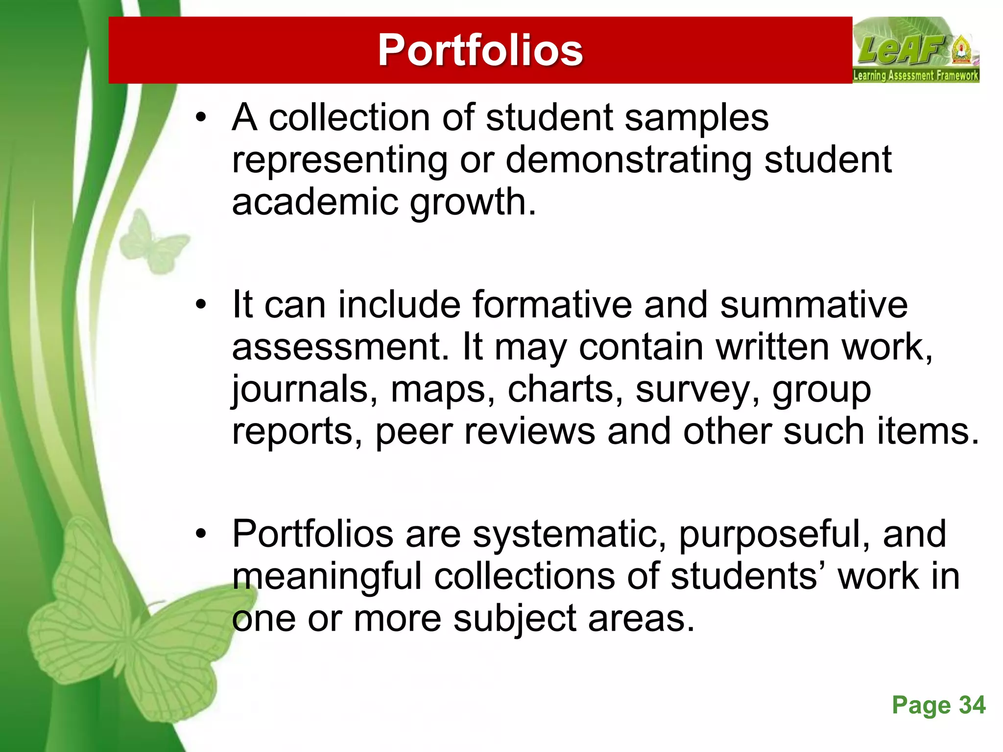 Free Powerpoint Templates Page 34
Portfolios
• A collection of student samples
representing or demonstrating student
academic growth.
• It can include formative and summative
assessment. It may contain written work,
journals, maps, charts, survey, group
reports, peer reviews and other such items.
• Portfolios are systematic, purposeful, and
meaningful collections of students’ work in
one or more subject areas.
 