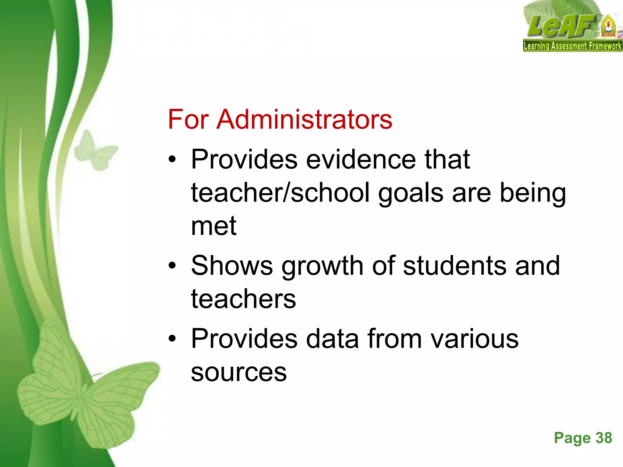 Free Powerpoint Templates Page 38
For Administrators
• Provides evidence that
teacher/school goals are being
met
• Shows growth of students and
teachers
• Provides data from various
sources
 