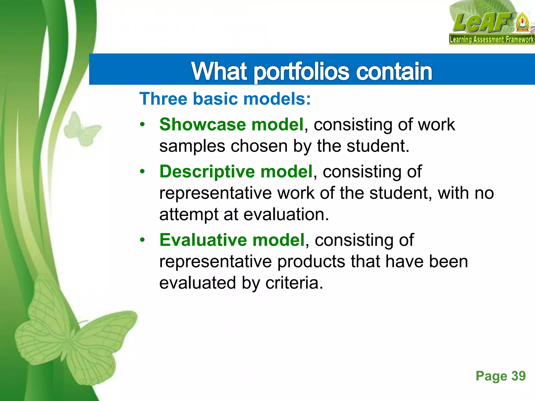 Free Powerpoint Templates Page 39
Three basic models:
• Showcase model, consisting of work
samples chosen by the student.
• Descriptive model, consisting of
representative work of the student, with no
attempt at evaluation.
• Evaluative model, consisting of
representative products that have been
evaluated by criteria.
 