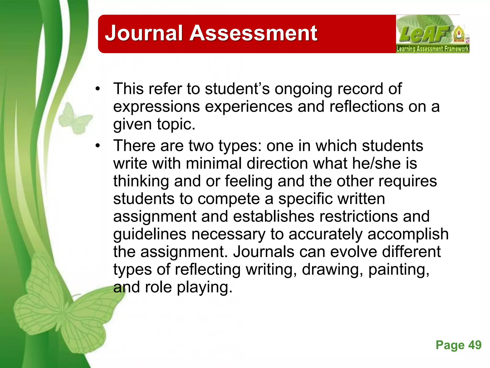 Free Powerpoint Templates Page 49
Journal Assessment
• This refer to student’s ongoing record of
expressions experiences and reflections on a
given topic.
• There are two types: one in which students
write with minimal direction what he/she is
thinking and or feeling and the other requires
students to compete a specific written
assignment and establishes restrictions and
guidelines necessary to accurately accomplish
the assignment. Journals can evolve different
types of reflecting writing, drawing, painting,
and role playing.
 