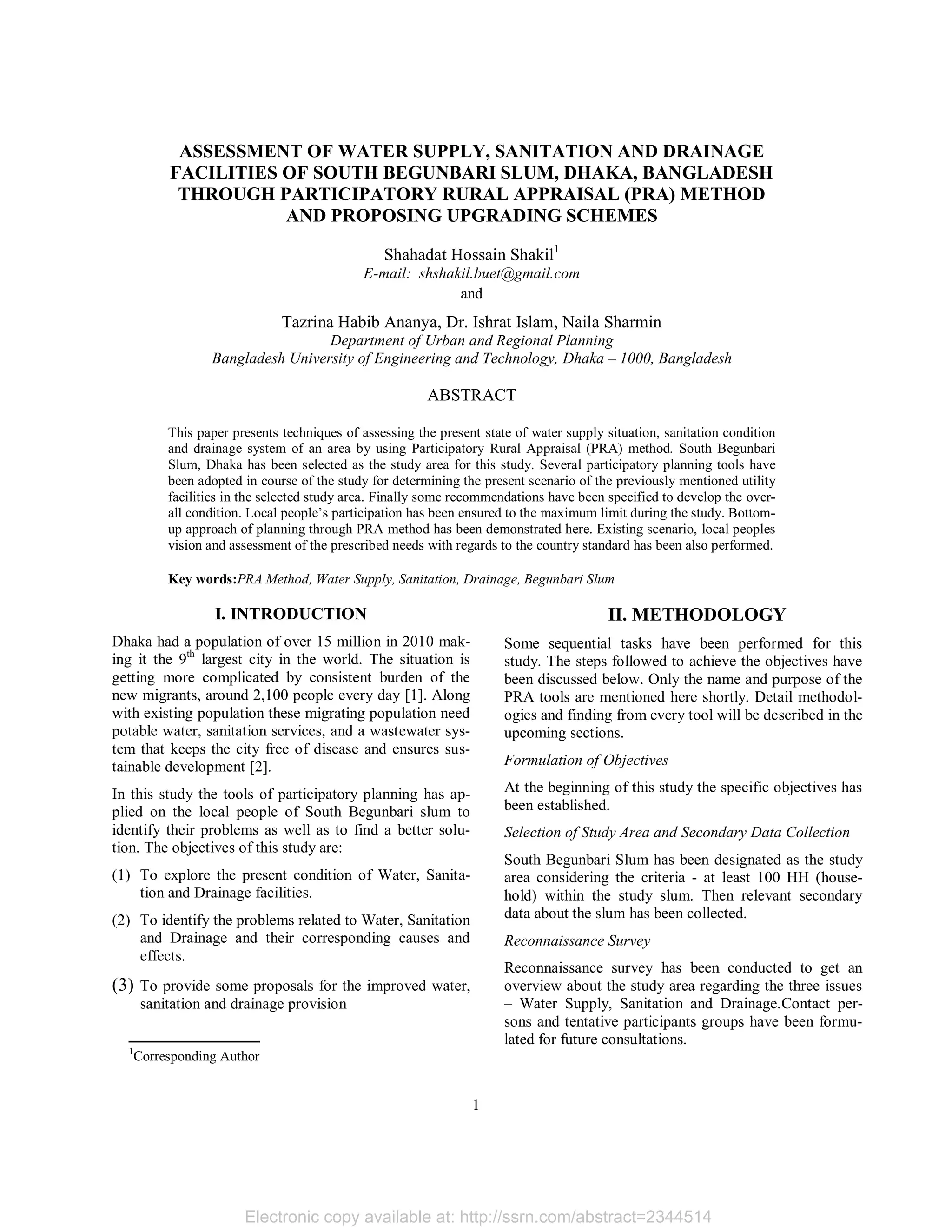 Assessment of Water Supply, Sanitation and Drainage Facilities of South
