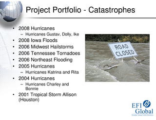 Project Portfolio - Catastrophes

• 2008 Hurricanes
    – Hurricanes Gustav, Dolly, Ike
•   2008 Iowa Floods
•   2006 Midwest Hailstorms
•   2006 Tennessee Tornadoes
•   2006 Northeast Flooding
•   2005 Hurricanes
    – Hurricanes Katrina and Rita
• 2004 Hurricanes
    – Hurricanes Charley and
      Bonnie
• 2001 Tropical Storm Allison
  (Houston)
 