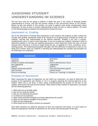 ASSESSING STUDENT
UNDERSTANDING IN SCIENCE
The last focus area we are going to address in depth this year is the notion of assessing student
understanding of science, and how this process relates to the instructional efforts of the teacher.
Before we get into details of this process, we need to address some broad considerations about
assessment, so that we have a common understanding of what we want or need to address. The notes
on the following pages accompany the presentations around this issue.

Assessment vs. Grading
One of the difficulties in thinking about assessment is that teachers and students so often confuse the
concept with grading. Assessment needs to be viewed as an on-going process intended to further our
students’ learning and understanding of the desired materials. Grading is not such a process,
considering the way it is used in most classrooms. If we are to assess our students’ learning in order to
determine whether or not they are meeting educational or other objectives within the class, we must
evaluate their learning at a variety of stages along the way, as opposed to a final, cumulative, all-or-
nothing process. The underlying assumption that goes with this definition of assessment is that we are
doing this to better assist our students in learning and understanding the concepts and principles we
are teaching in our classrooms.


                 Assessment                                               Grades
Formative                                            Summative
Diagnostic                                           Final
Private to student and assessor                      Part of administrative record
Non-judgmental                                       Judgmental
Specific                                             General
Subtext and process specific                         Text and Information specific
Goal Directed                                        Content driven
Focus is on learning                                 Focus is on “counting” or discipline

Purposes of Assessment
When examining the types of assessment we use within our classrooms, we need to determine the
purpose of the assessment and whether or not it is properly assessing the learning objective of the
student. When this is not done, it often causes misunderstanding and anxiety on the part of the
student, both toward the class and the teacher. When determining a method of assessment, one should
ask the following questions:

1. What tools are we already using?
2. How are we using the results?
3. How are we reporting the results?
4. To whom are we reporting?
5. What school proficiencies (goals) are being measured by the results?
6. What are the relative strengths of the process?
7. What are the weaknesses?
8. What should we do to better achieve our purposes?

Once these questions are asked by educators of their own classroom and school, it is much easier to
determine appropriate methods of assessment for the actual instructional goals of the class.



MMSTLC Science Resources - Assessing Student Understanding 1
 