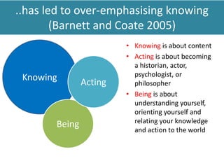 ..has led to over-emphasising knowing
(Barnett and Coate 2005)
• Knowing is about content
• Acting is about becoming
a historian, actor,
psychologist, or
philosopher
• Being is about
understanding yourself,
orienting yourself and
relating your knowledge
and action to the world
Knowing
Being
Acting
 