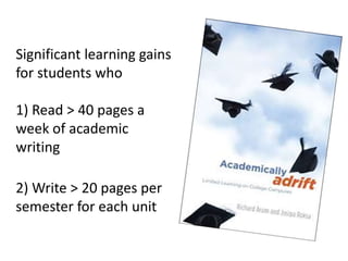 Significant learning gains
for students who
1) Read > 40 pages a
week of academic
writing
2) Write > 20 pages per
semester for each unit
 